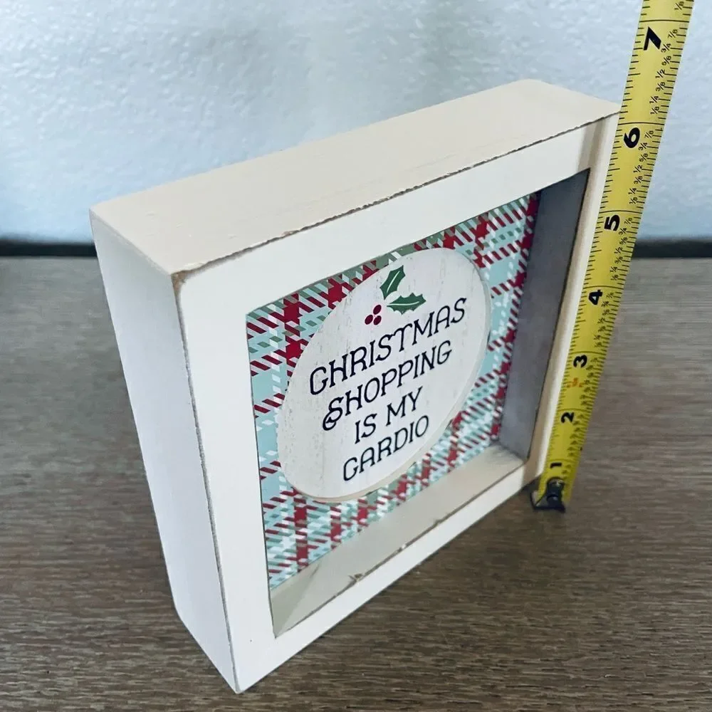 Christmas Shopping is my Cardio Farmhouse Plaid Wood Holiday Decor Sign